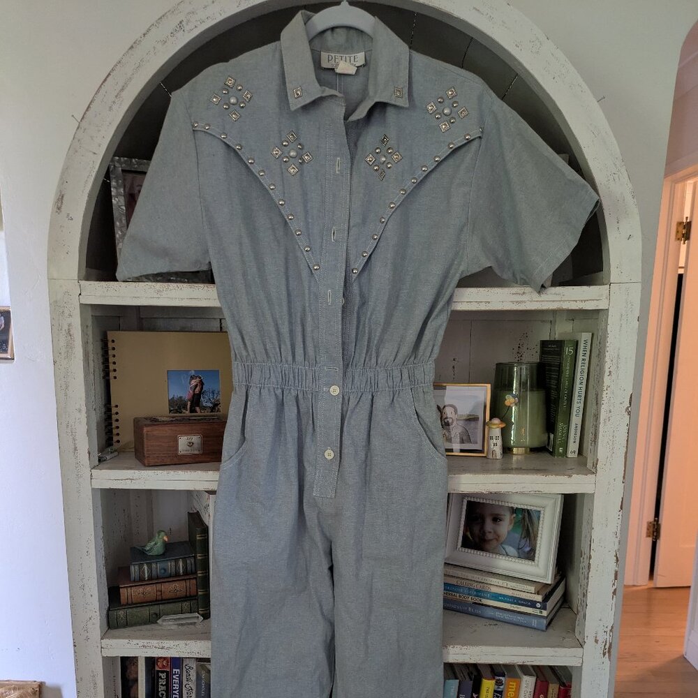 Vintage Petite sophisticate studded rhinestone jumpsuit 80s denim ps small